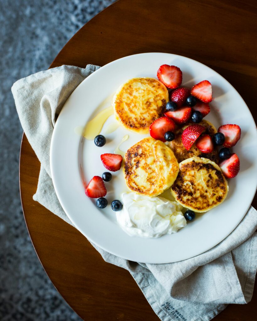 Cottage Cheese Pancakes with Berries and Honey