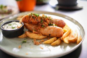 Sausages with Fries and Sauce